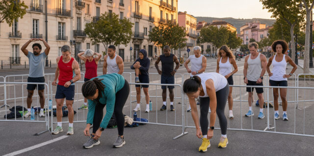 Des coureurs et des coureuses regroupés dans des sas de départ sur un large boulevard de Marseille au lever du jour, dans une ambiance réaliste de course sur route.