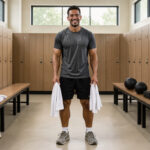 Un homme sportif souriant tient une serviette dans un vestiaire lumineux après son entraînement.