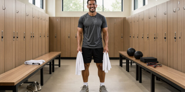 Un homme sportif souriant tient une serviette dans un vestiaire lumineux après son entraînement.