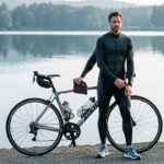 Un triathlète amateur débutant portant une combinaison sombre se tient près d’un vélo de route et de chaussures de course au bord d’un lac calme, dans une ambiance sportive réaliste.