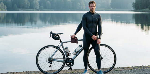 Un triathlète amateur débutant portant une combinaison sombre se tient près d’un vélo de route et de chaussures de course au bord d’un lac calme, dans une ambiance sportive réaliste.